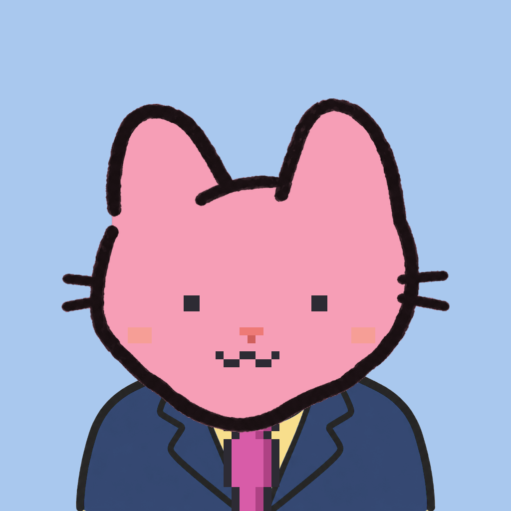 Employee #0540 — a pink cat, in a navy suit, with a magenta tie, on sky