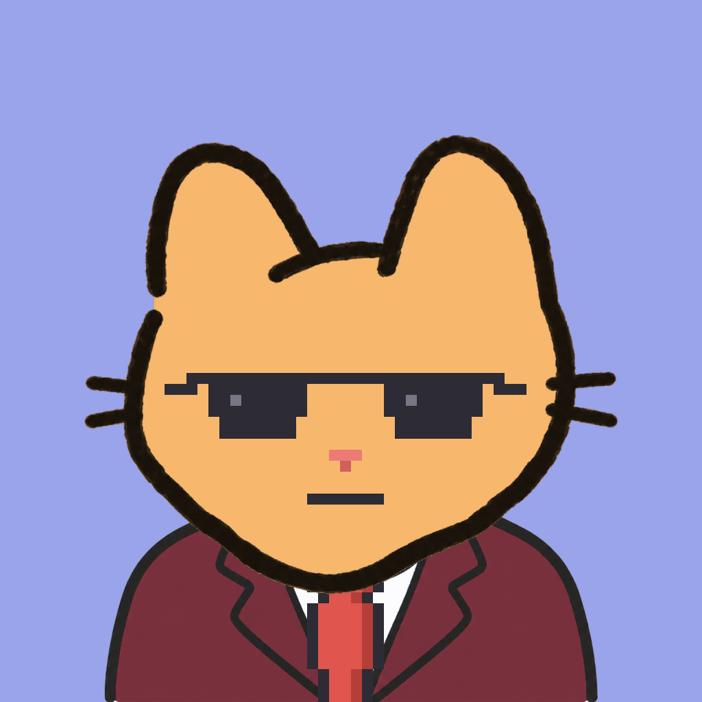Employee #0541 — a tabby cat, in a burgundy suit, with a red tie, wearing shades glasses, on periwinkle