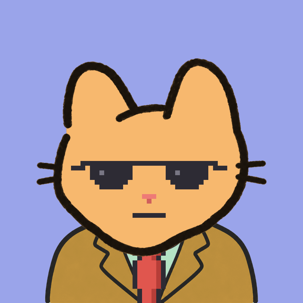 Employee #0542 — a tabby cat, in a mustard suit, with a red tie, wearing shades glasses, on periwinkle