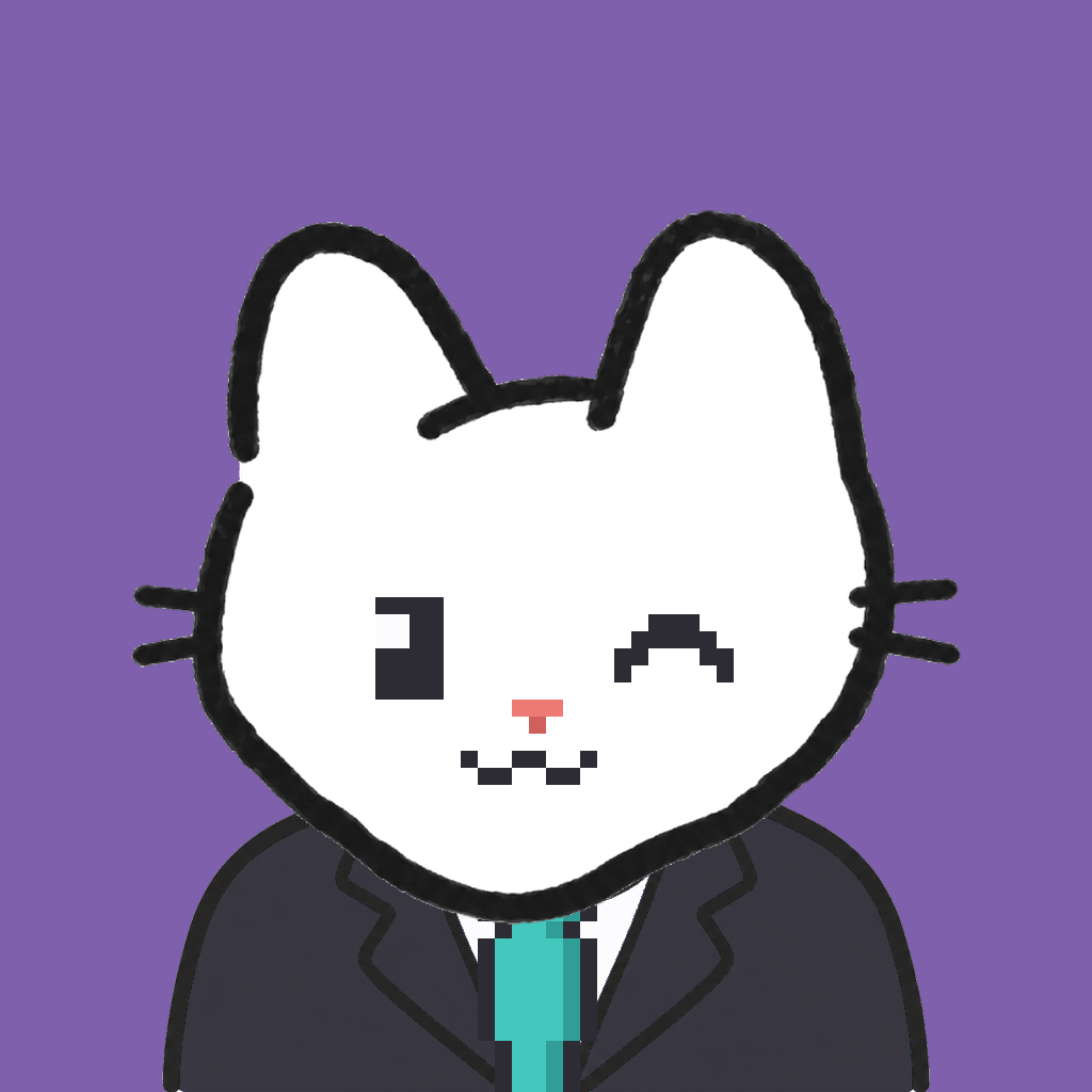 Employee #0543 — a white cat, in a black suit, with a teal tie, on plasma violet