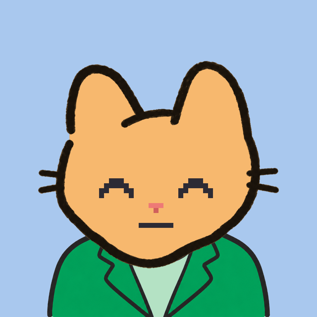 Employee #0544 — a tabby cat, in a green suit, on sky