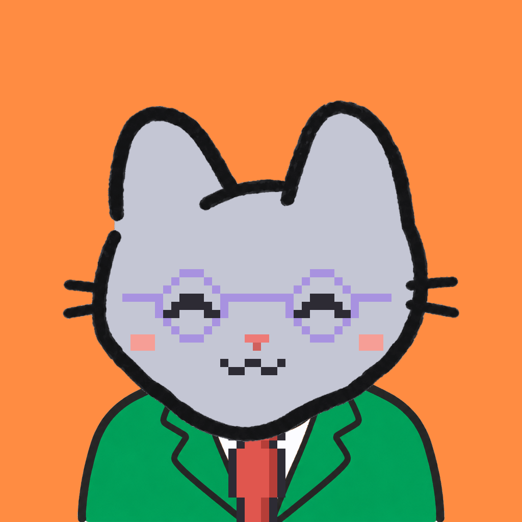 Employee #0545 — a gray cat, in a green suit, with a red tie, wearing round-lavender glasses, on tangerine