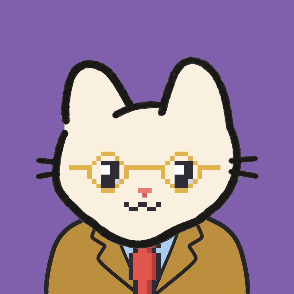 Employee #0546 — a cream cat, in a mustard suit, with a red tie, wearing round-gold glasses, on plasma violet