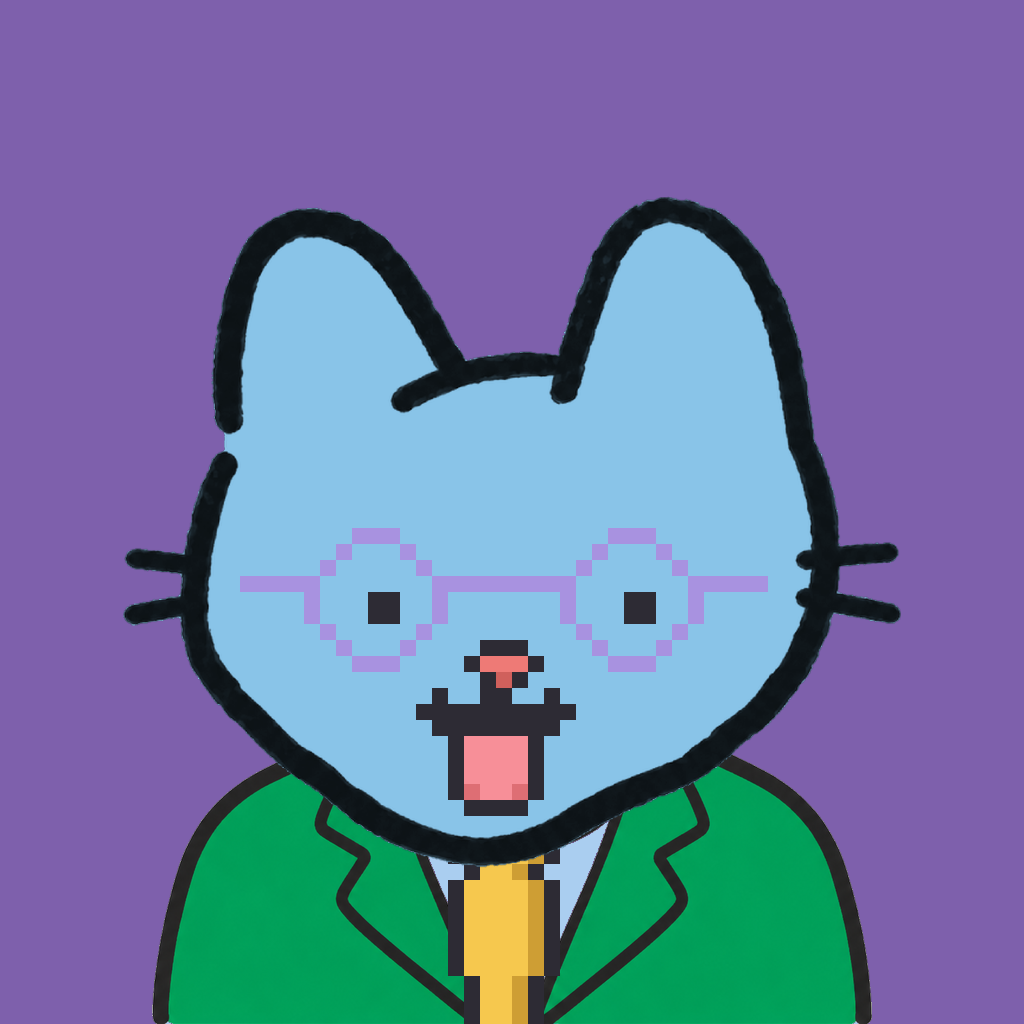 Employee #0547 — a sky cat, in a green suit, with a gold tie, wearing round-lavender glasses, on plasma violet