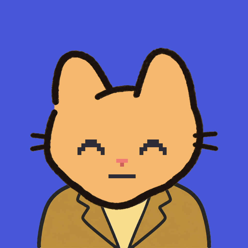 Employee #0548 — a tabby cat, in a mustard suit, on royal