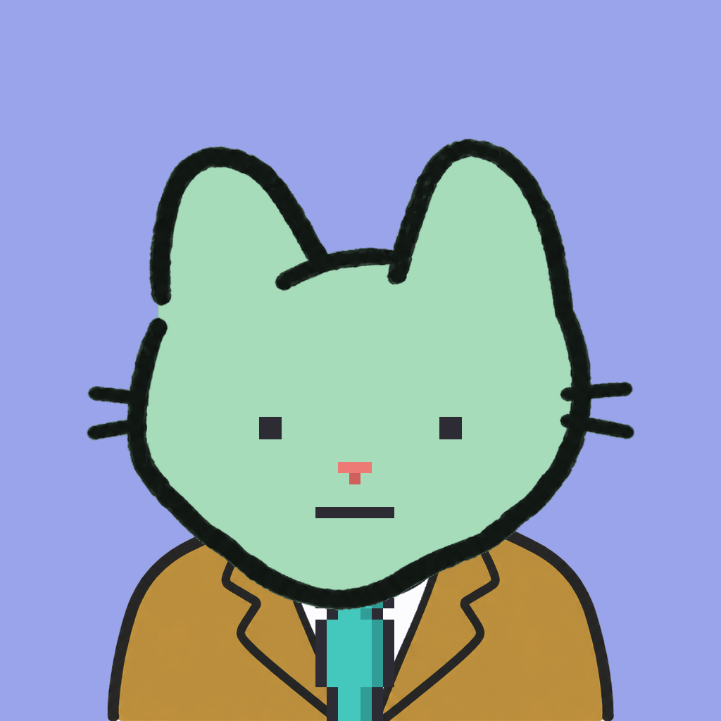 Employee #0549 — a mint cat, in a mustard suit, with a teal tie, on periwinkle