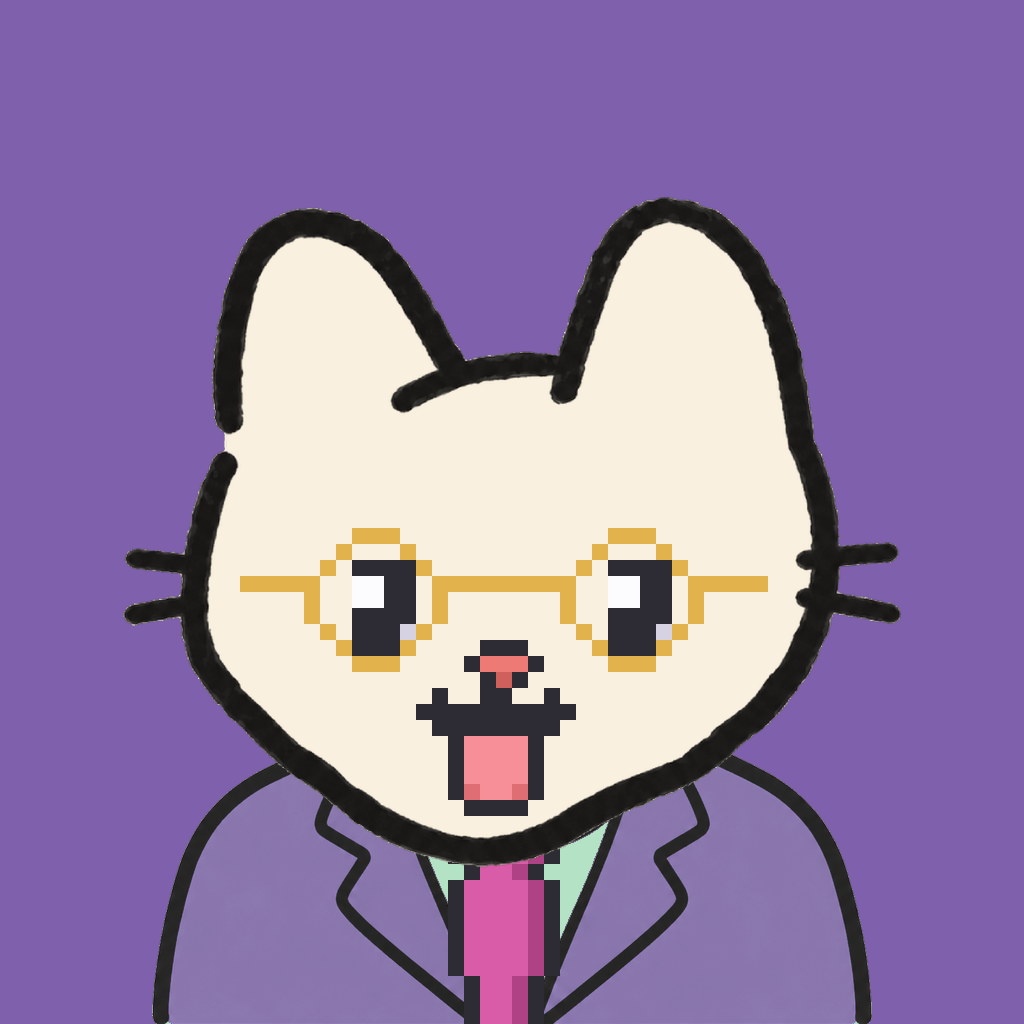 Employee #0055 — a cream cat, in a lavender suit, with a magenta tie, wearing round-gold glasses, on plasma violet