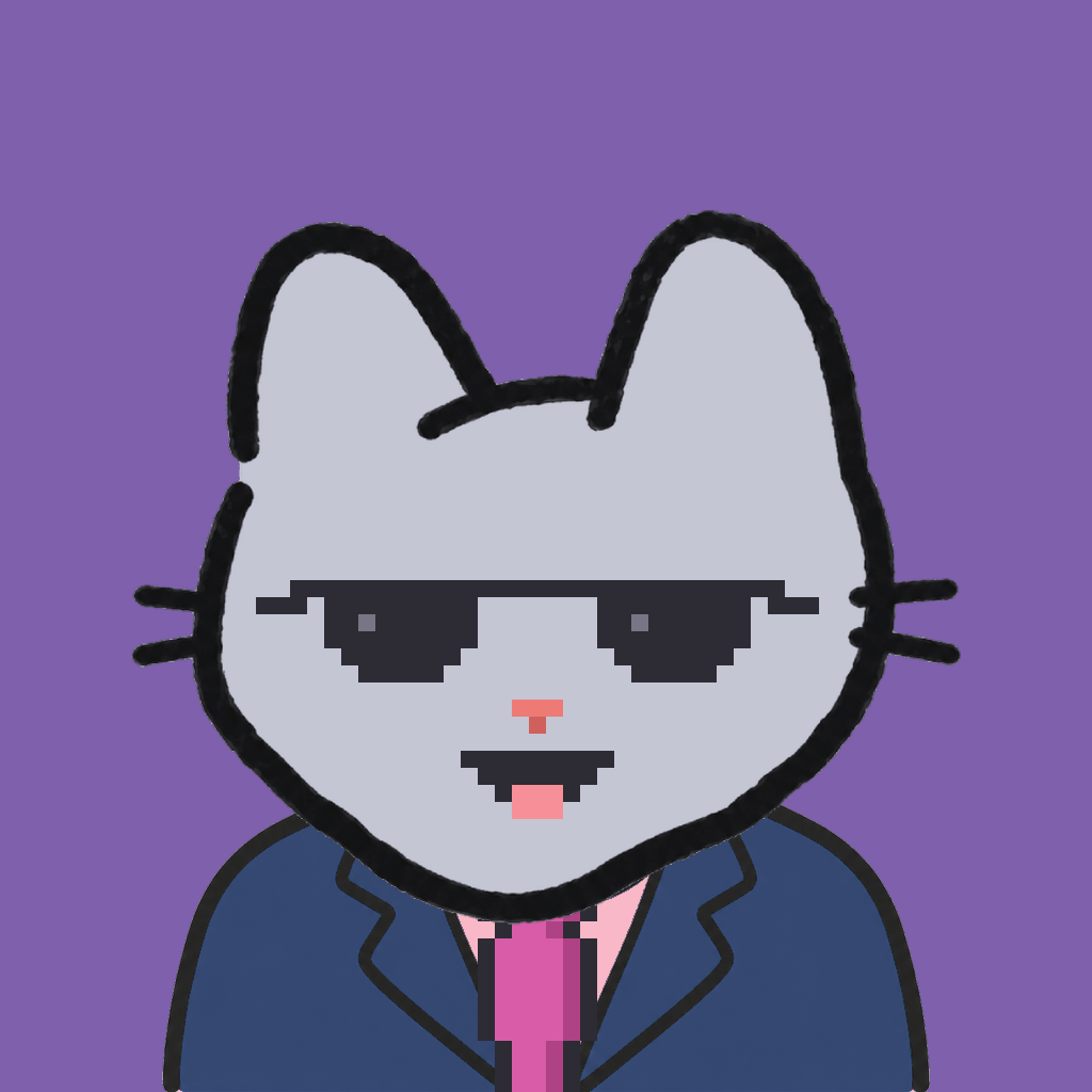 Employee #0550 — a gray cat, in a navy suit, with a magenta tie, wearing shades glasses, on plasma violet