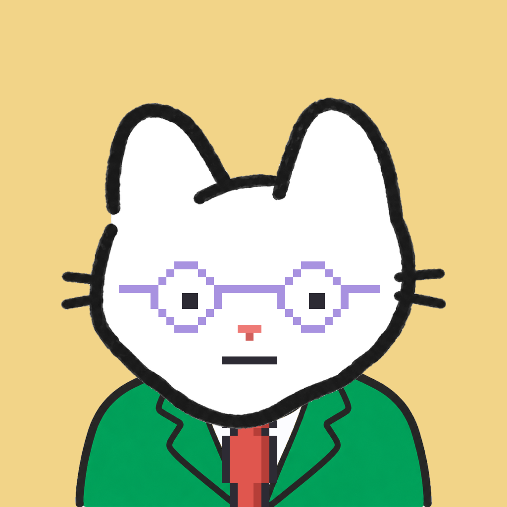 Employee #0551 — a white cat, in a green suit, with a red tie, wearing round-lavender glasses, on butter