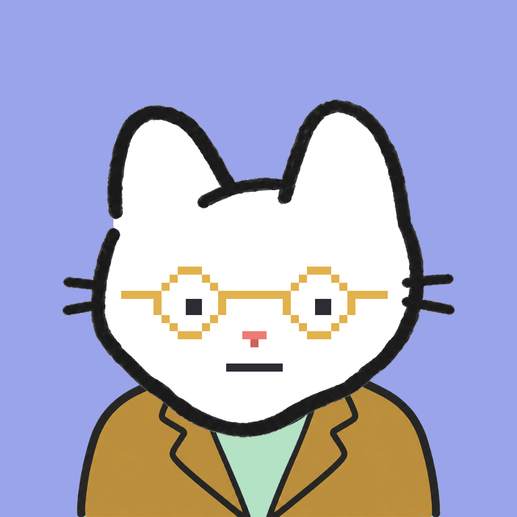 Employee #0552 — a white cat, in a mustard suit, wearing round-gold glasses, on periwinkle