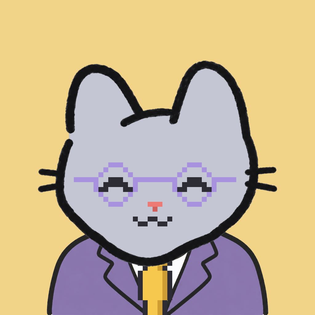 Employee #0553 — a gray cat, in a lavender suit, with a gold tie, wearing round-lavender glasses, on butter