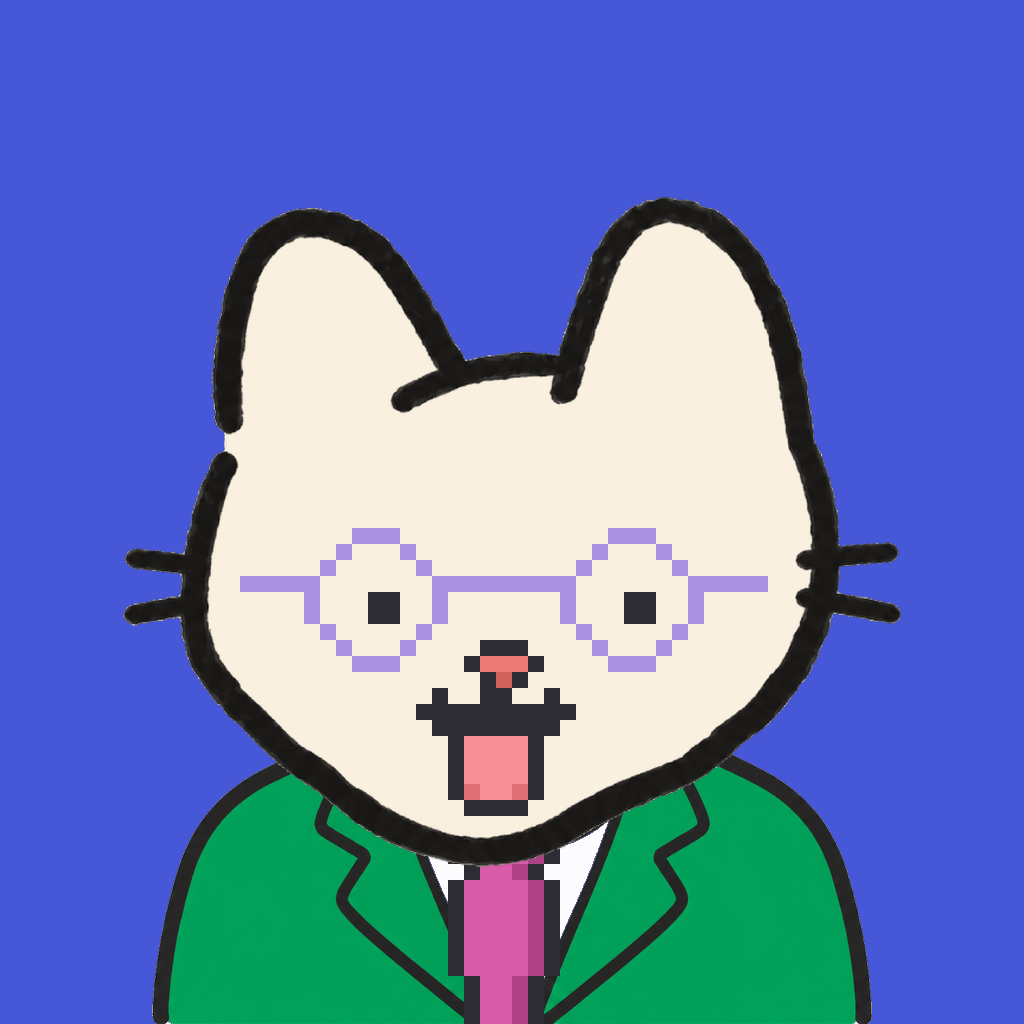 Employee #0554 — a cream cat, in a green suit, with a magenta tie, wearing round-lavender glasses, on royal
