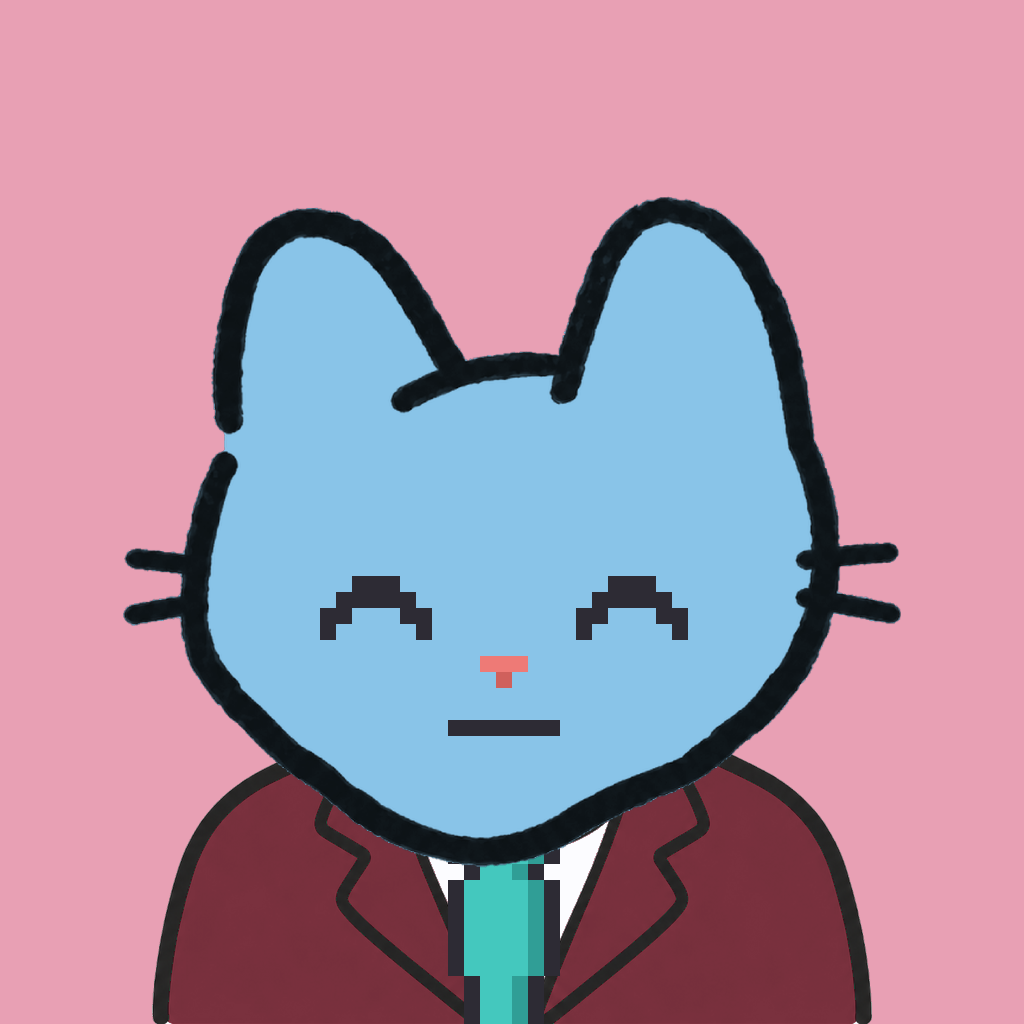Employee #0555 — a sky cat, in a burgundy suit, with a teal tie, on rose