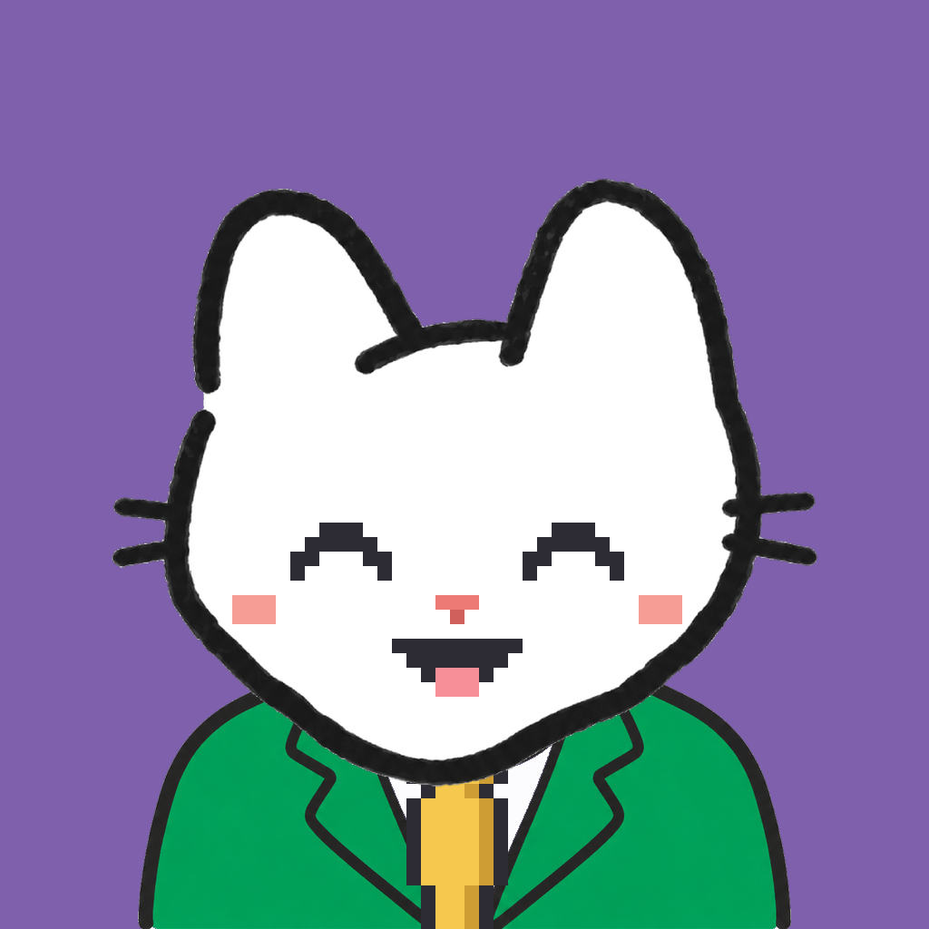 Employee #0556 — a white cat, in a green suit, with a gold tie, on plasma violet