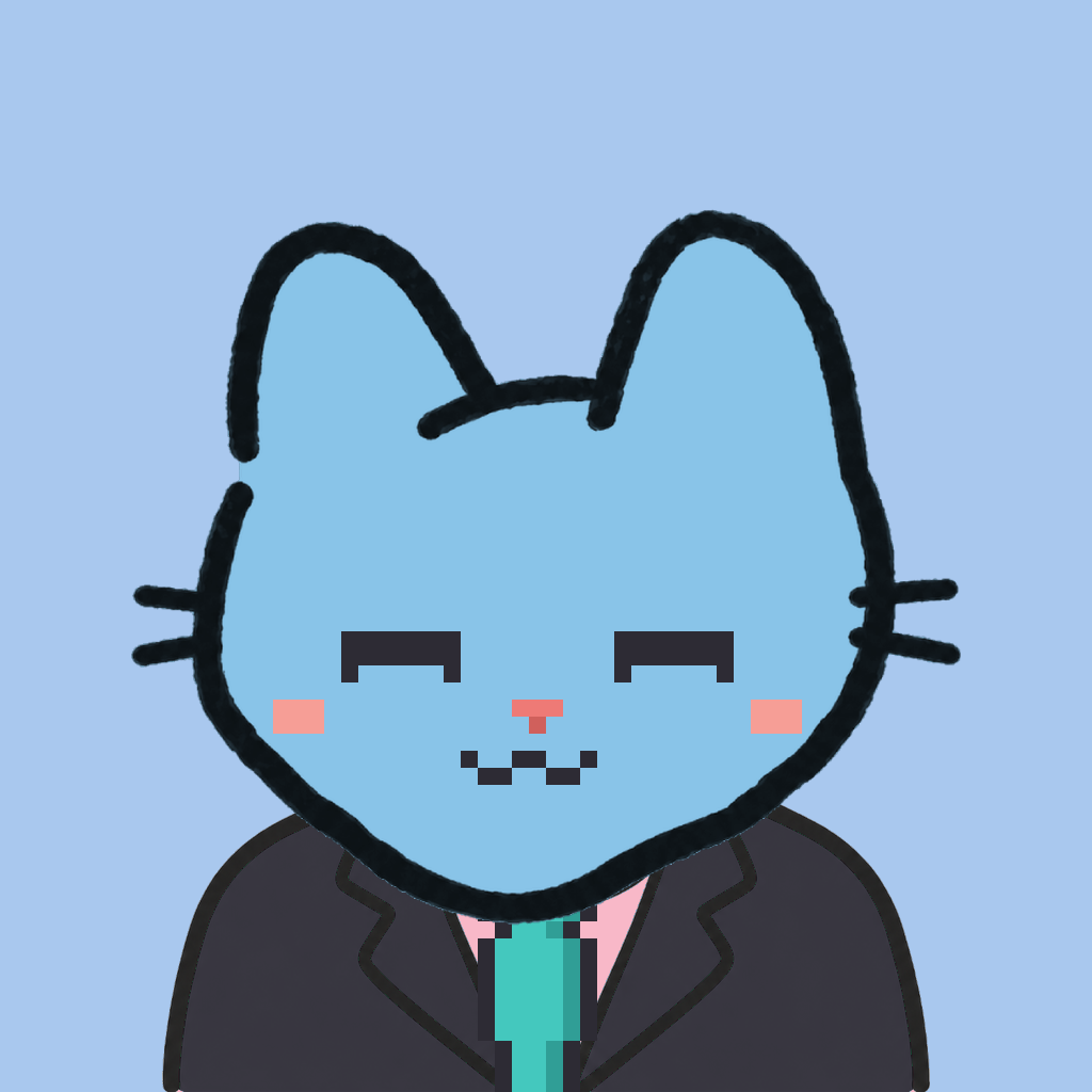 Employee #0557 — a sky cat, in a black suit, with a teal tie, on sky