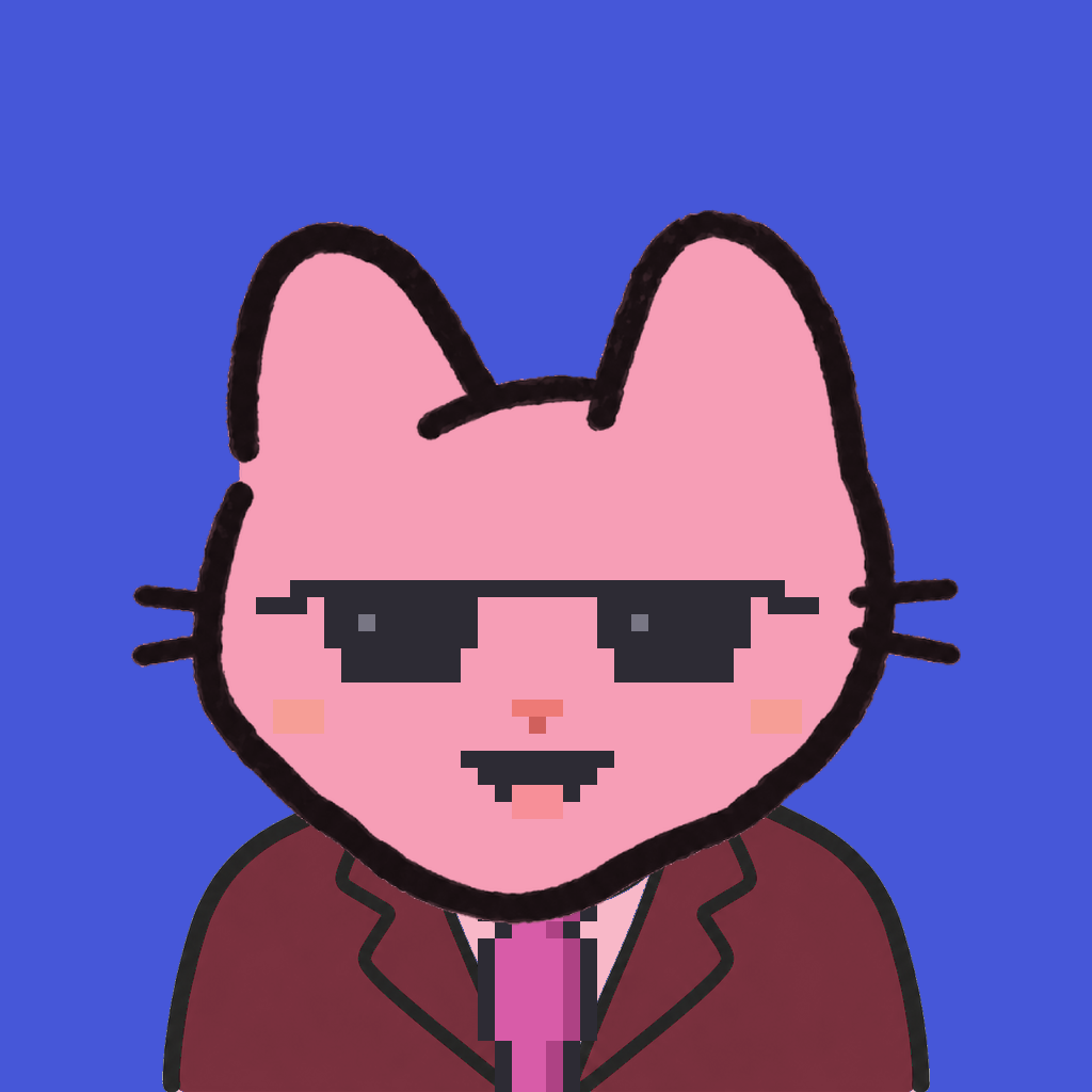 Employee #0558 — a pink cat, in a burgundy suit, with a magenta tie, wearing shades glasses, on royal