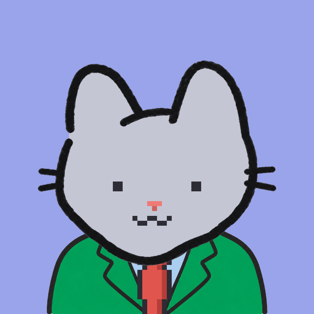 Employee #0559 — a gray cat, in a green suit, with a red tie, on periwinkle