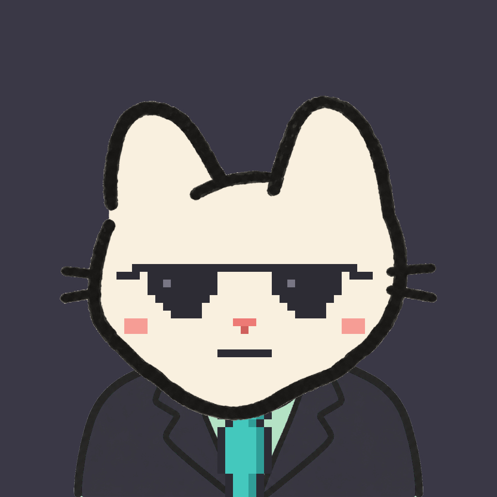 Employee #0056 — a cream cat, in a black suit, with a teal tie, wearing shades glasses, on charcoal