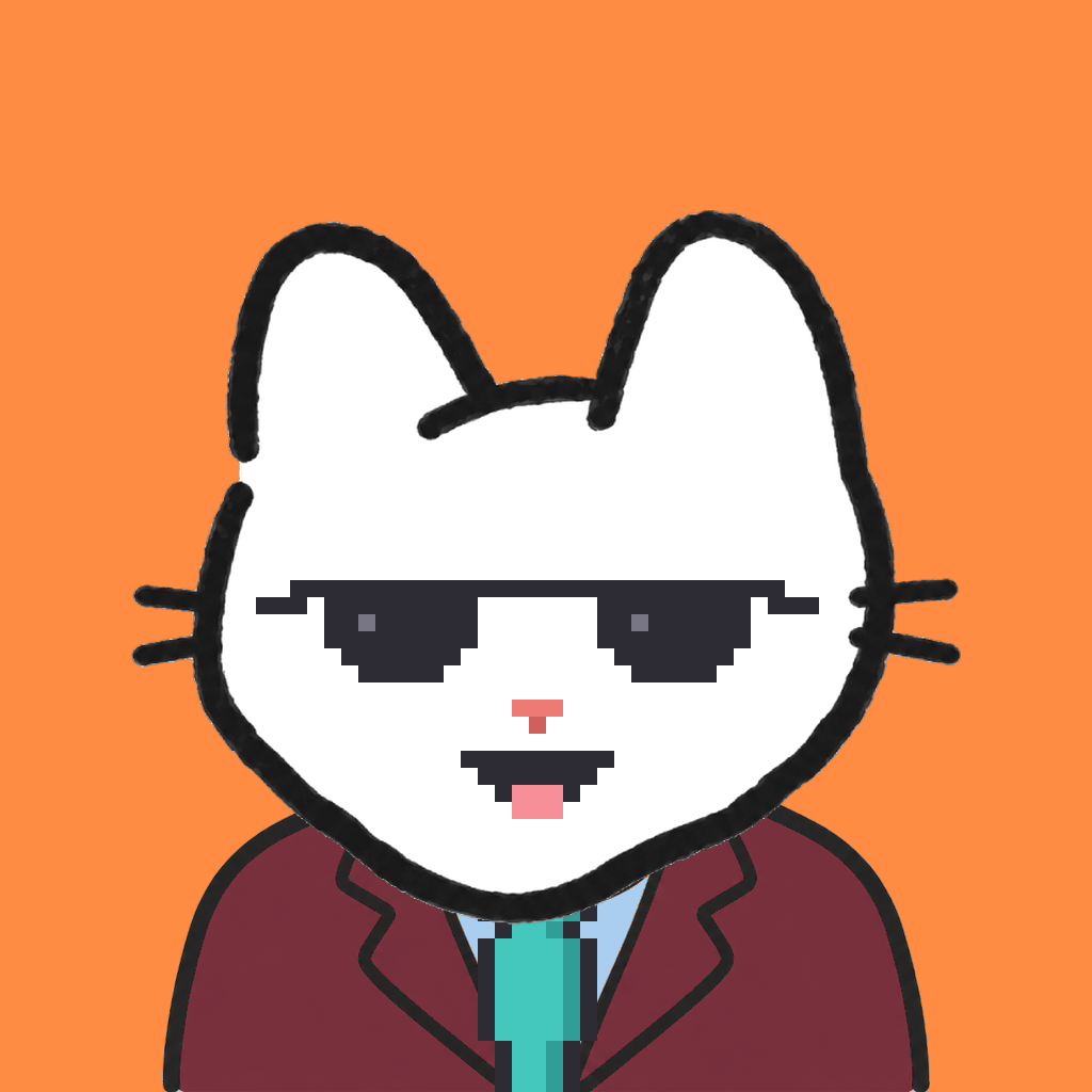 Employee #0560 — a white cat, in a burgundy suit, with a teal tie, wearing shades glasses, on tangerine
