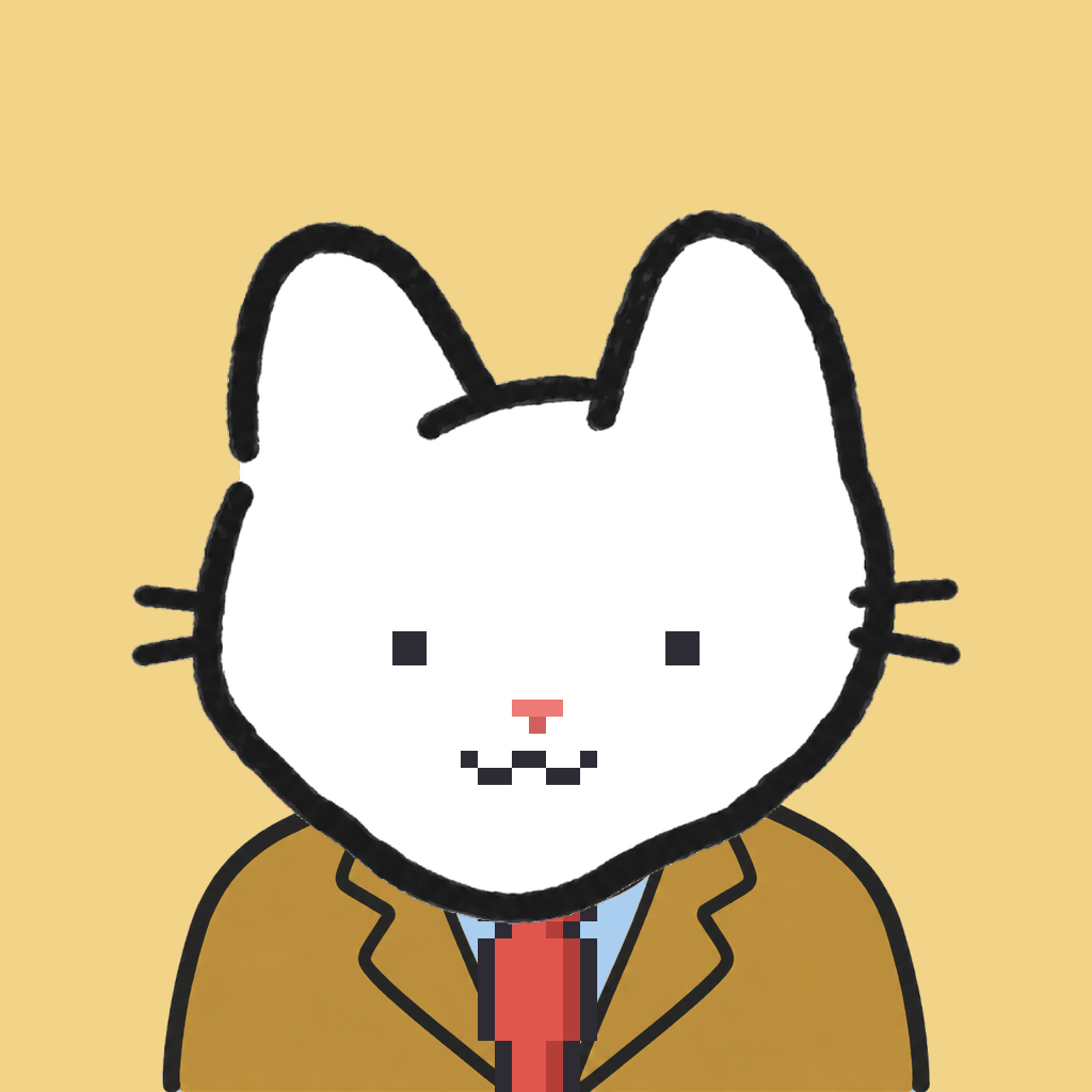 Employee #0561 — a white cat, in a mustard suit, with a red tie, on butter