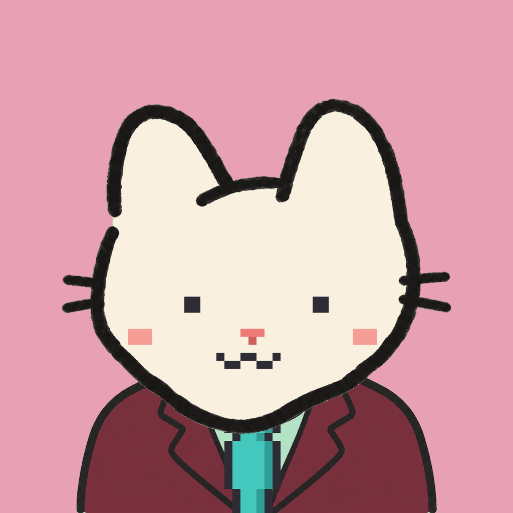 Employee #0562 — a cream cat, in a burgundy suit, with a teal tie, on rose