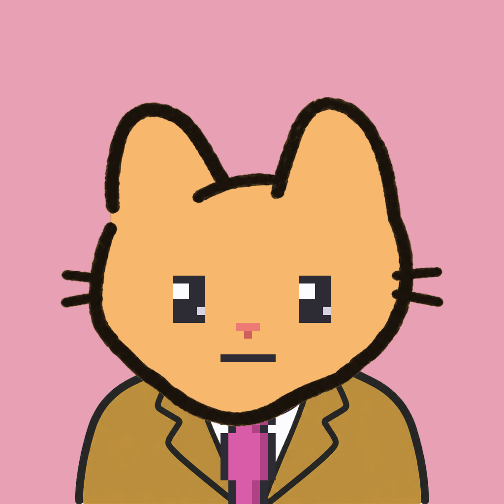 Employee #0563 — a tabby cat, in a mustard suit, with a magenta tie, on rose