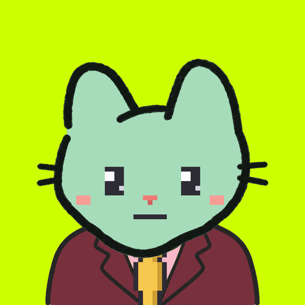 Employee #0564 — a mint cat, in a burgundy suit, with a gold tie, on volt