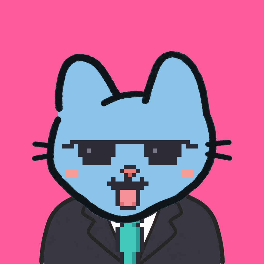 Employee #0565 — a sky cat, in a black suit, with a teal tie, wearing shades glasses, on hot pink