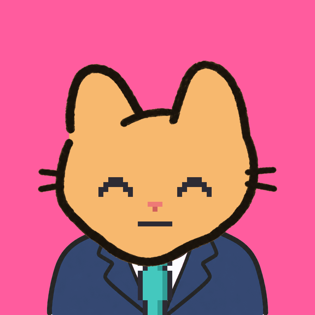 Employee #0566 — a tabby cat, in a navy suit, with a teal tie, on hot pink