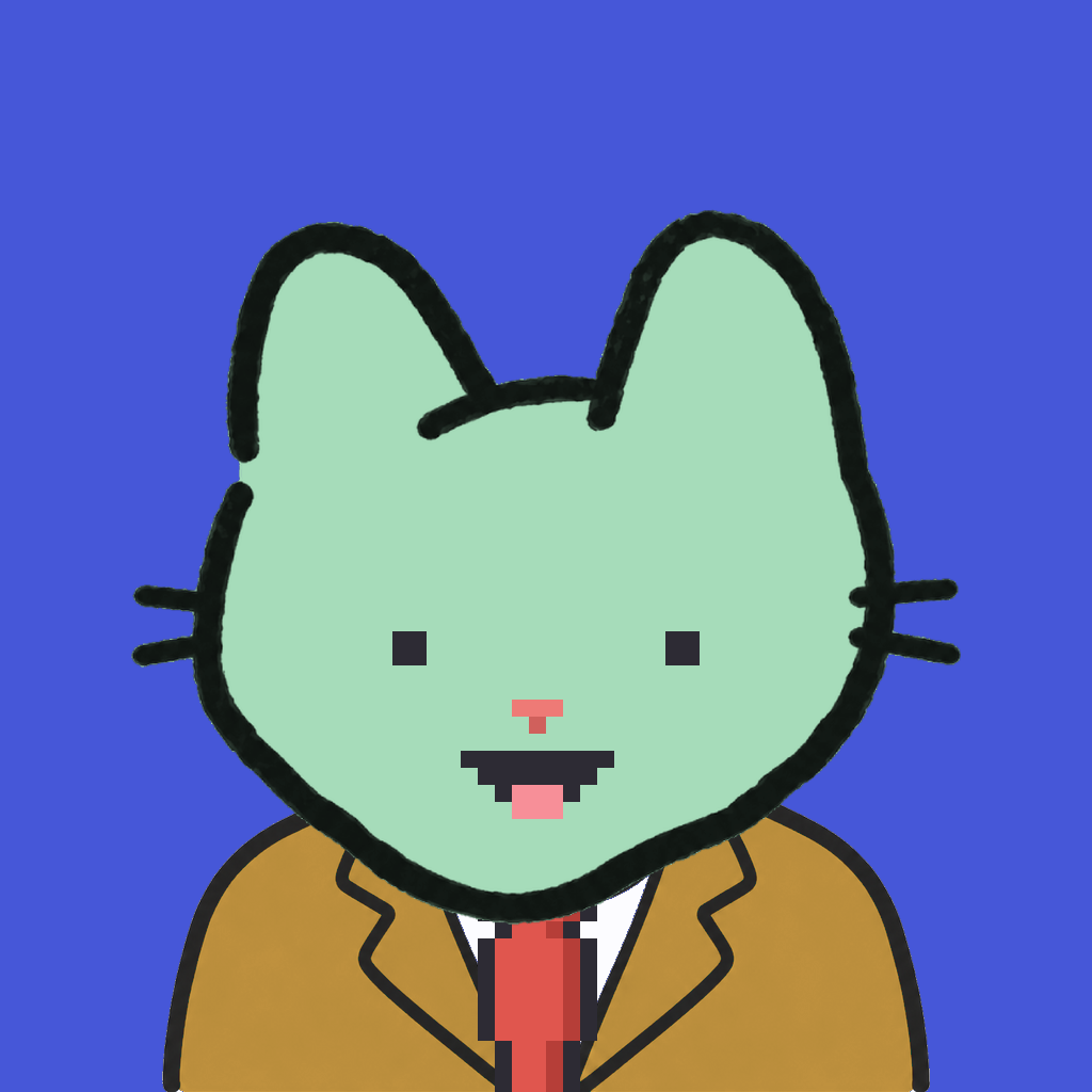 Employee #0567 — a mint cat, in a mustard suit, with a red tie, on royal