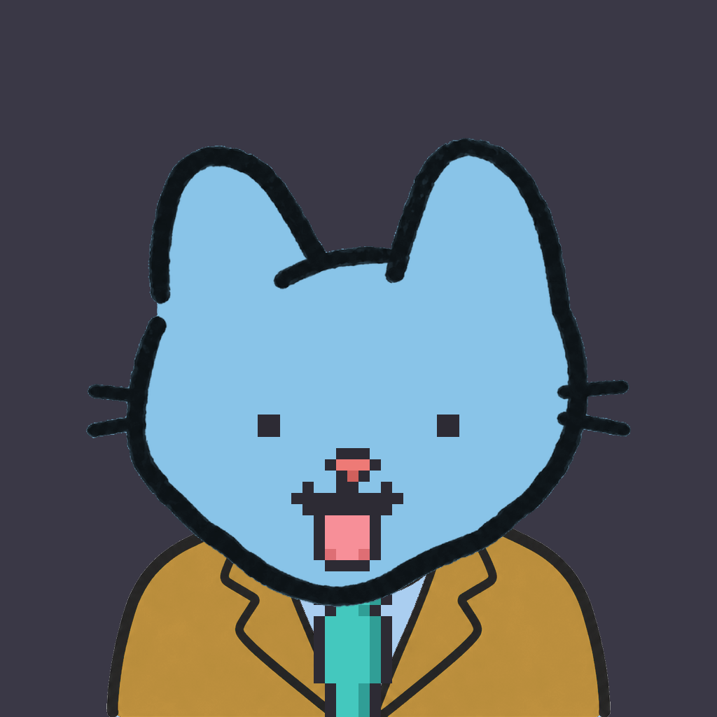 Employee #0568 — a sky cat, in a mustard suit, with a teal tie, on charcoal