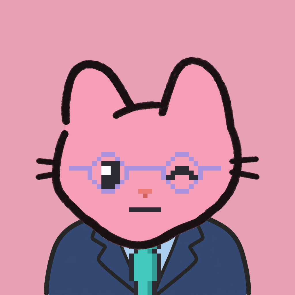 Employee #0569 — a pink cat, in a navy suit, with a teal tie, wearing round-lavender glasses, on rose