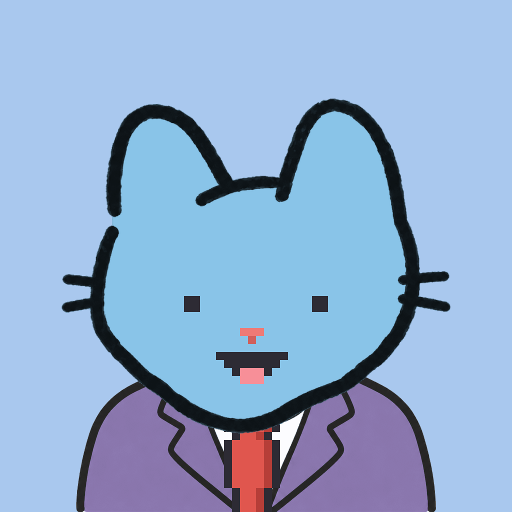 Employee #0057 — a sky cat, in a lavender suit, with a red tie, on sky