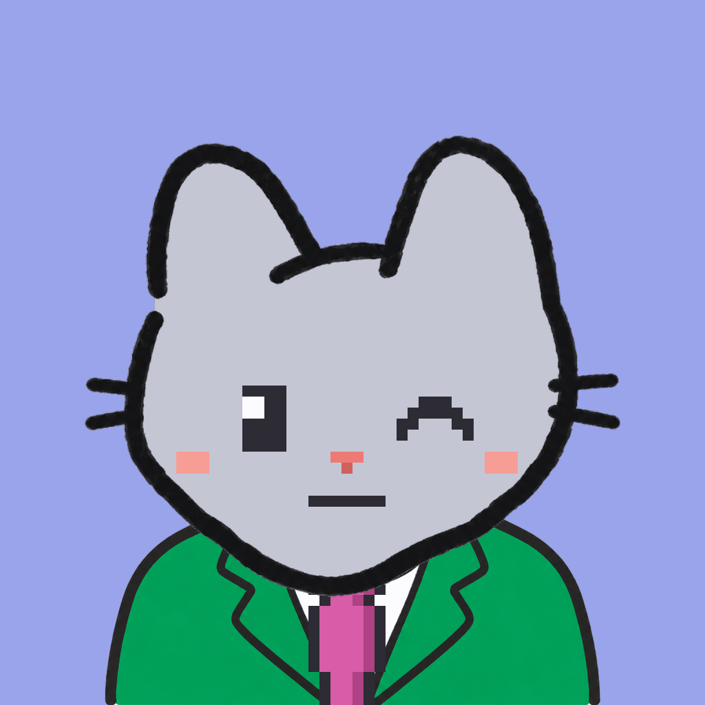 Employee #0570 — a gray cat, in a green suit, with a magenta tie, on periwinkle