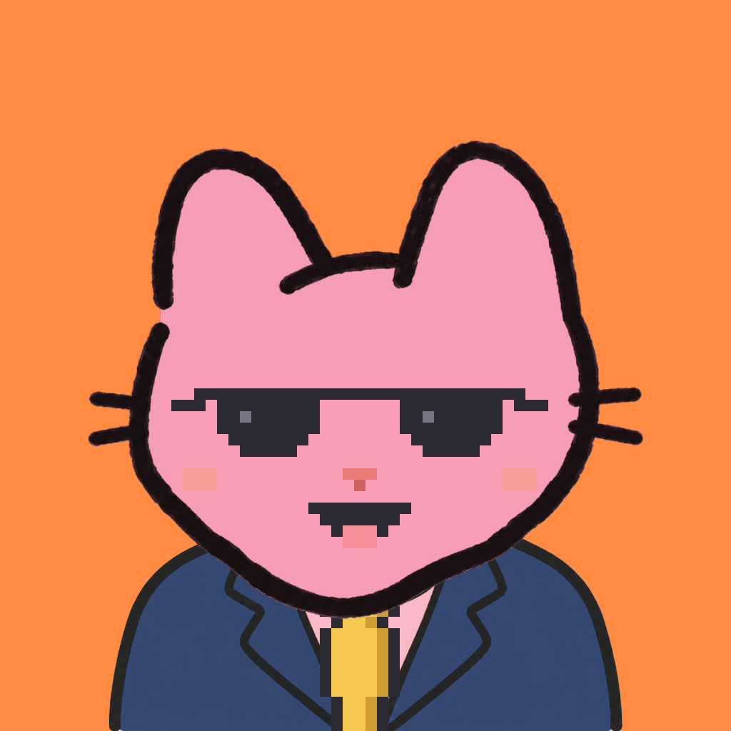 Employee #0571 — a pink cat, in a navy suit, with a gold tie, wearing shades glasses, on tangerine