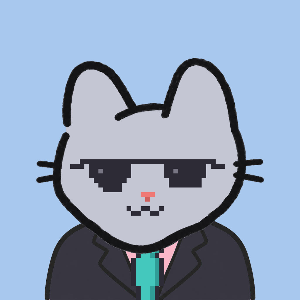 Employee #0572 — a gray cat, in a black suit, with a teal tie, wearing shades glasses, on sky