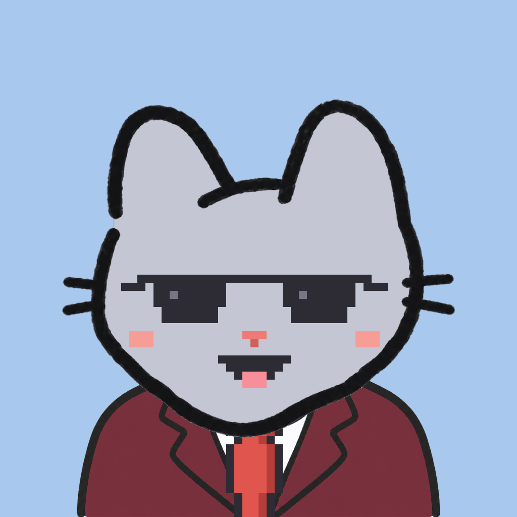 Employee #0573 — a gray cat, in a burgundy suit, with a red tie, wearing shades glasses, on sky