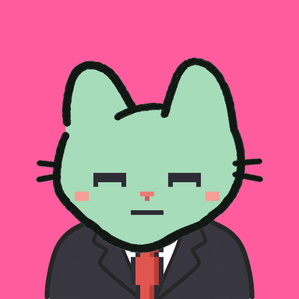 Employee #0574 — a mint cat, in a black suit, with a red tie, on hot pink