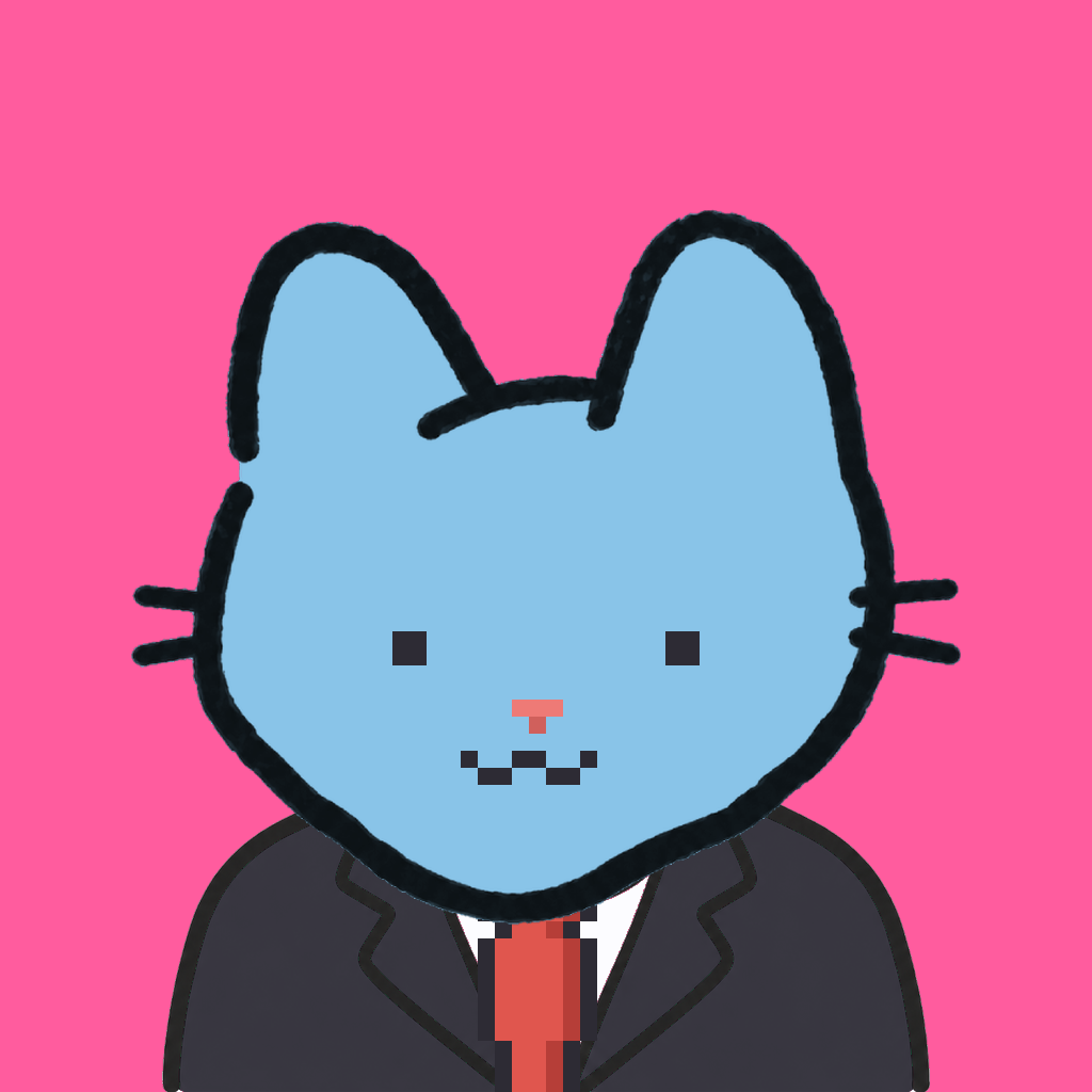 Employee #0575 — a sky cat, in a black suit, with a red tie, on hot pink