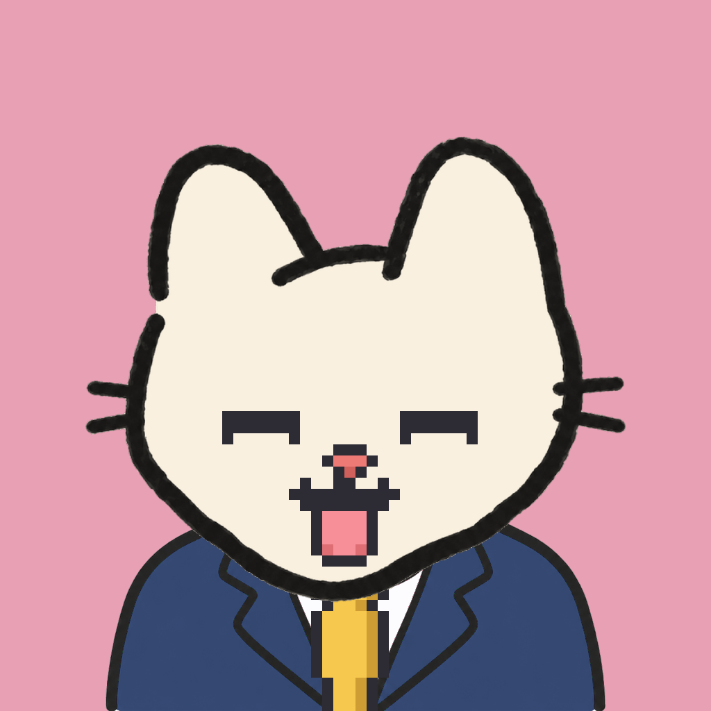 Employee #0576 — a cream cat, in a navy suit, with a gold tie, on rose
