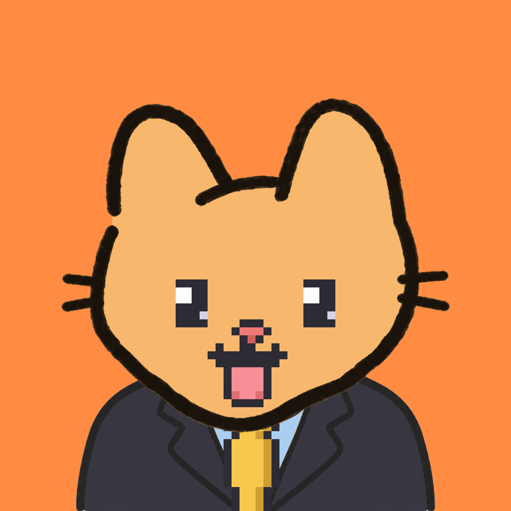 Employee #0577 — a tabby cat, in a black suit, with a gold tie, on tangerine