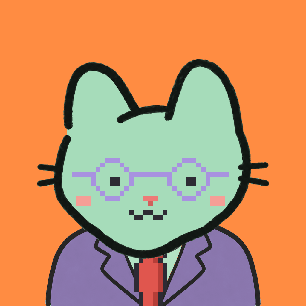 Employee #0578 — a mint cat, in a lavender suit, with a red tie, wearing round-lavender glasses, on tangerine