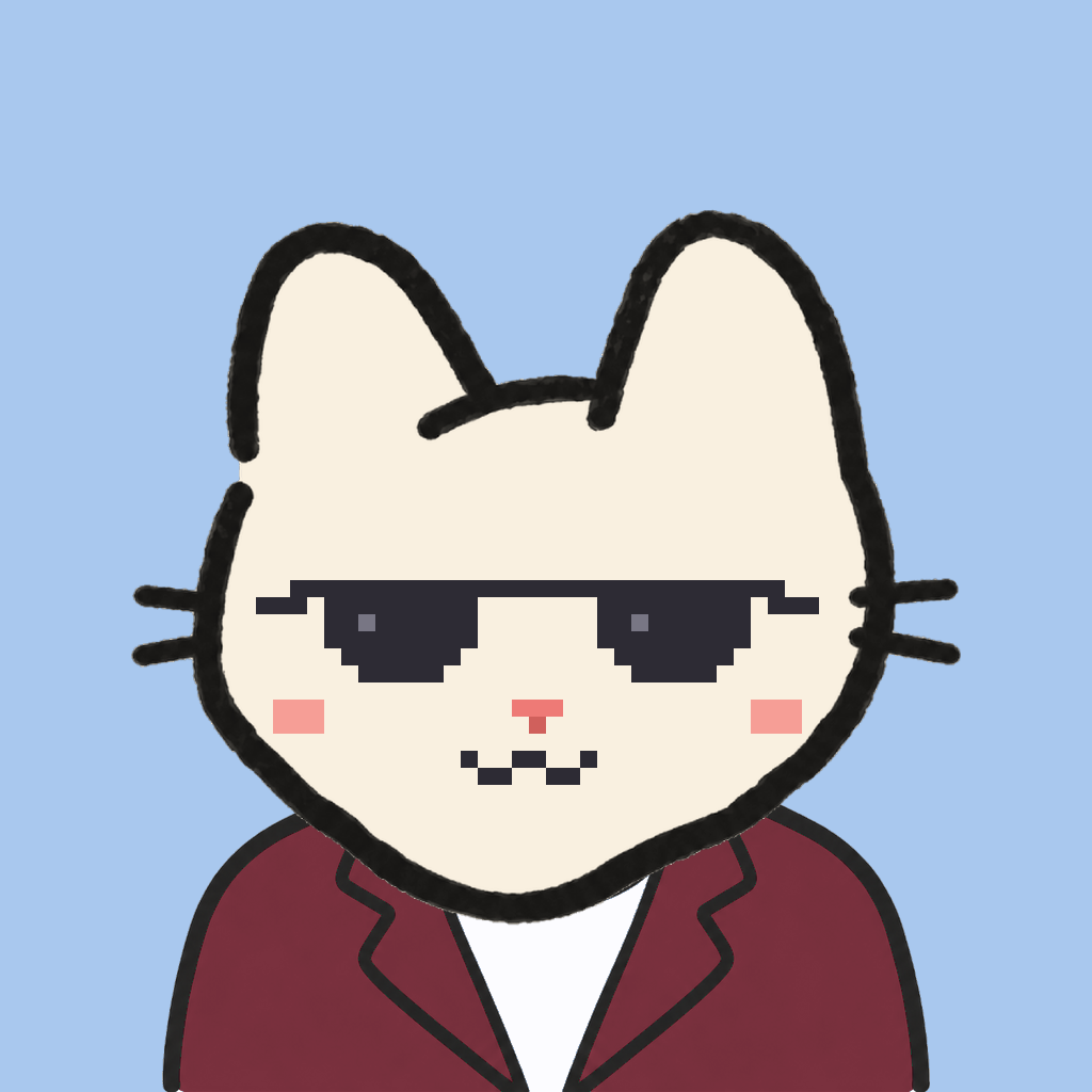Employee #0579 — a cream cat, in a burgundy suit, wearing shades glasses, on sky
