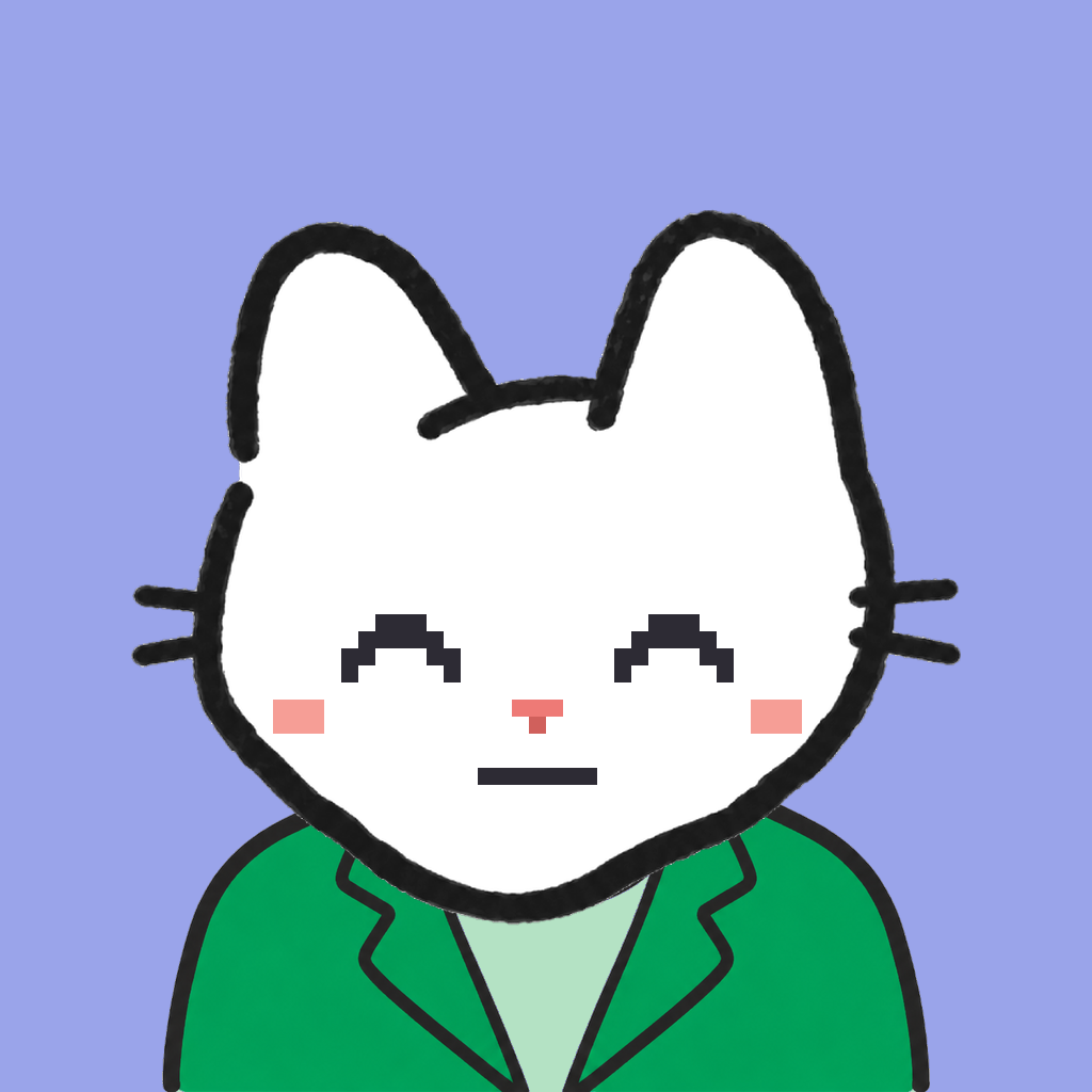 Employee #0058 — a white cat, in a green suit, on periwinkle