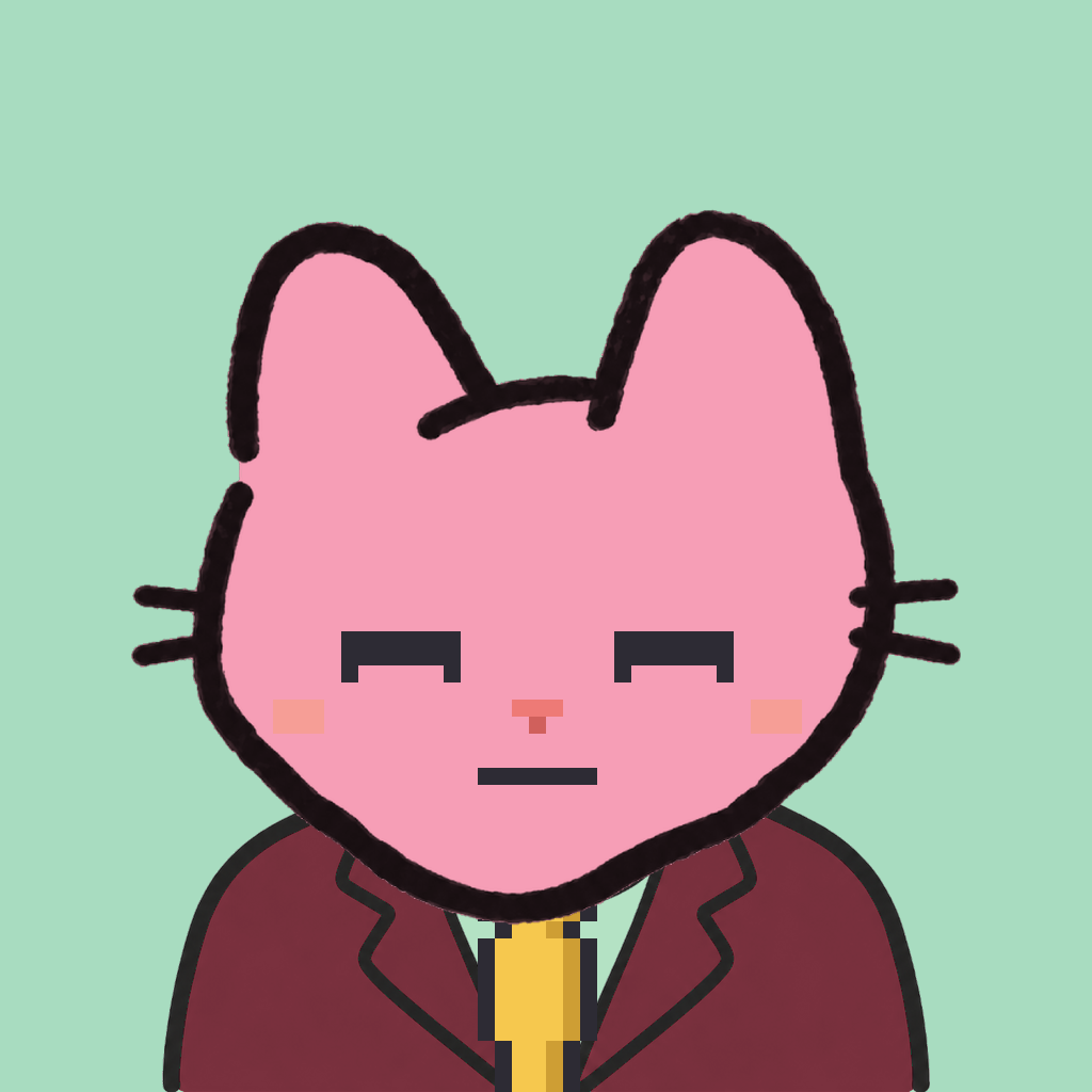 Employee #0580 — a pink cat, in a burgundy suit, with a gold tie, on mint