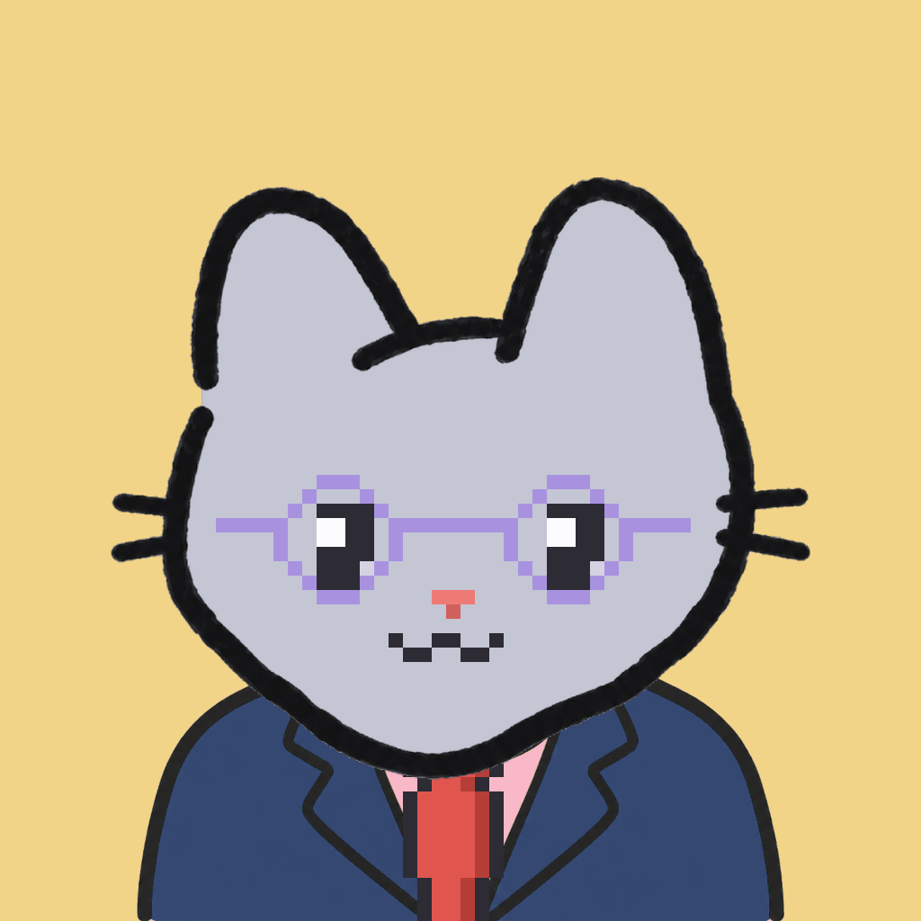 Employee #0581 — a gray cat, in a navy suit, with a red tie, wearing round-lavender glasses, on butter