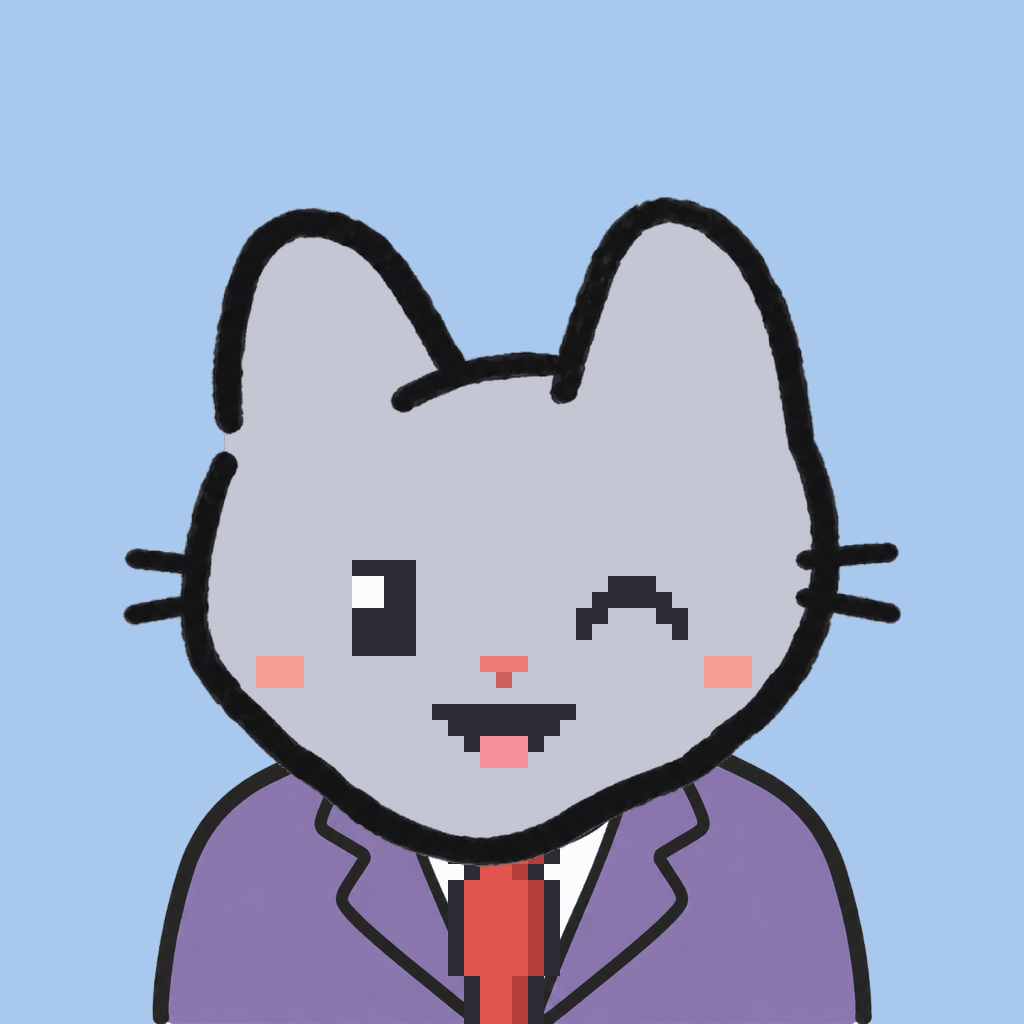 Employee #0582 — a gray cat, in a lavender suit, with a red tie, on sky