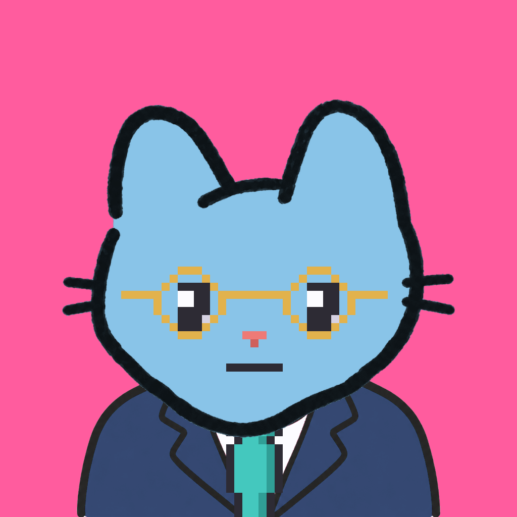 Employee #0583 — a sky cat, in a navy suit, with a teal tie, wearing round-gold glasses, on hot pink