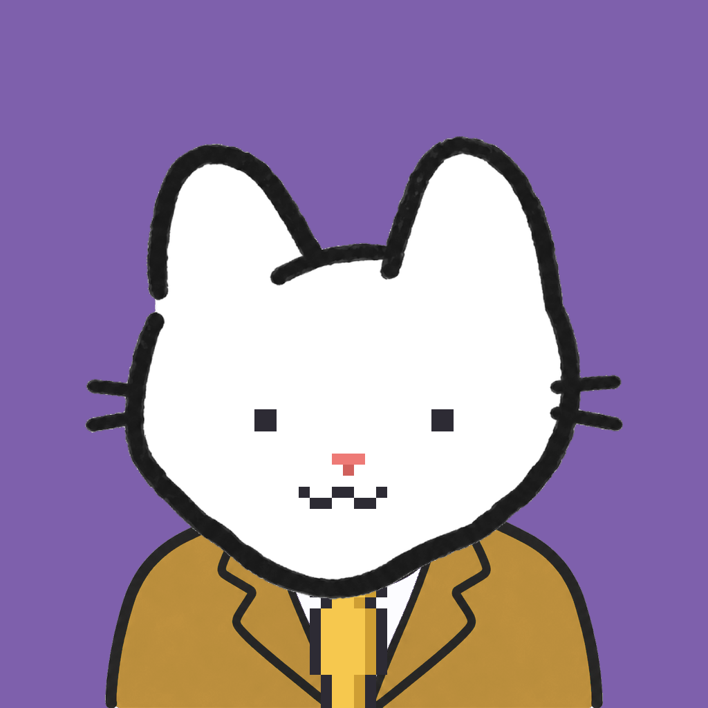Employee #0585 — a white cat, in a mustard suit, with a gold tie, on plasma violet