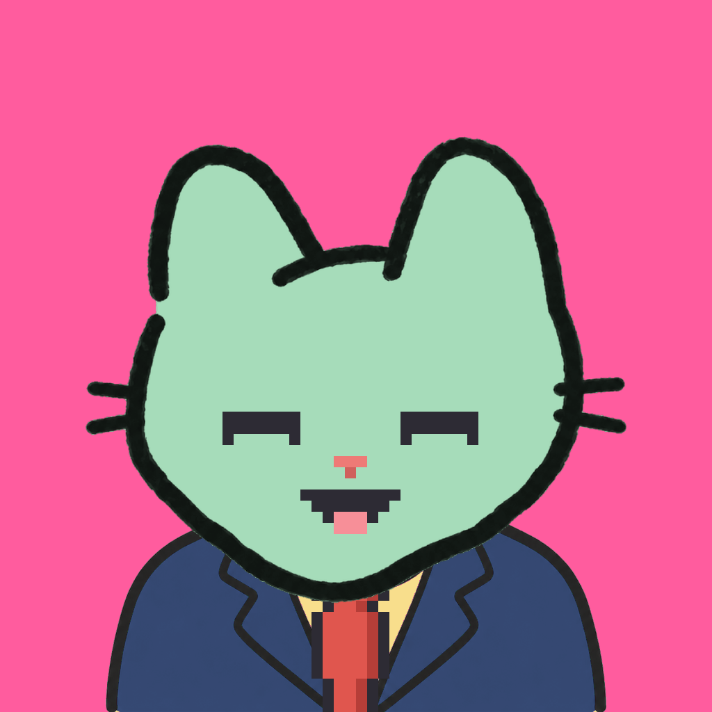 Employee #0586 — a mint cat, in a navy suit, with a red tie, on hot pink